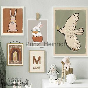 Papéis de parede Nordic Cute Cartoon Dove Rabbit Rainbow Abc Canvas Painting Customized Name Posters and Prints Wall Art Pictures for Kids Room J230704