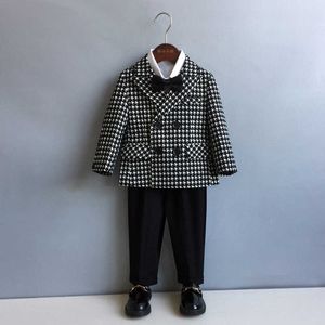 Suits Çocukların Houndstooth Resmi Takım Seti Erkekler Düğün Doğum Partisi Performans Kostüm Çocuklar Çifte Kesilmiş Blazer Pantolon Clotheshkd230704