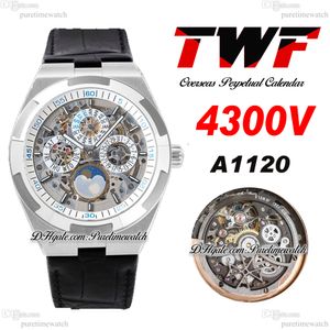 TWF Overseas Perpetual Calendar Moonphase 4300V A1120 Automatic Mens Watch Steel Case White Skeleton Dial Black Leather Super Version Reloj Hombre Puretime B11