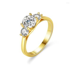 Cluster Rings S925 Silver 1.6ct Round Moissanite Women Ring 14K Gold Plated 3 Stone Engagement Pass Diamond Gift