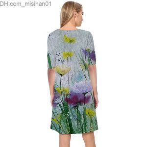Freizeitkleider Damenkleid Schöne Blumen 3D-gedruckter V-Ausschnitt Loses lässiges Kurzarm-Etuikleid für Damenkleider Street Style Z230705