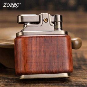 ZORRO Retro Kerosene Lighter Oil No Gasoline Wood Metal Grinding Wheel Brass Core Cigarette Gadget Collection Gift NQZ3