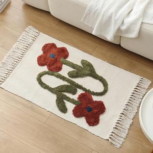 Carpets Hand Woven Cotton Linen Carpet Morocco Tufted Floral Living Room Home Decor Rug With Tassels Bedroom Bedside Floor Mat Foot Pad