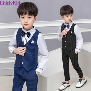 Suits Boy Striped Top Ring Bearer Waistcoat Clothes Sets Kids Formal Suits Child Tie Long Sleeve Shirt Vest Trousers Toddler OutfitsHKD230704