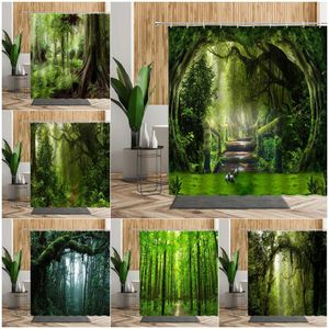 Uppsättningar 3D tropisk skog naturligt landskap vattentätt dusch gardin gröna träd mossa djup skog badrum partition skärm badgardin