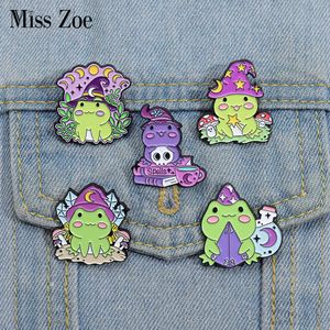 Witch Frogs Enamel Pins Custom Spell Book Magic Wand Potion Moon Phase Brooch Lapel Badge Animal Jewelry Gift for Kids Friends