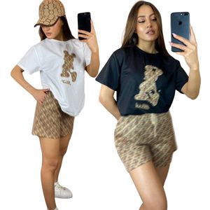 Ladies Embroidered Black Short Sleeves Casual Fashion Print Shorts Set Free Ship