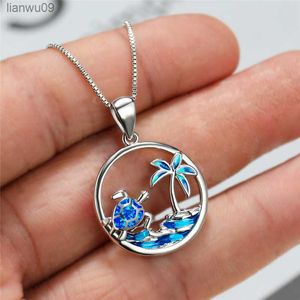 Bohemian Blue Opal Pendant For Women Silver Color Chain Necklace For Women Beach Hollow Turtle Pendant Wedding Necklace L230704