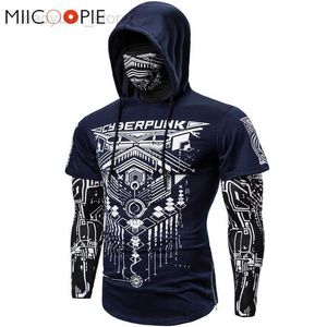 Men's Hoodies Mens Skull Mask Hoodies Sweatshirt Fake Two Pieces Men Punk Jogging Homme Pullover Elastic Streetwear Hoodie Japan Ninja Suit HKD230704