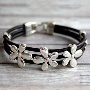 Link Armbänder Leder Seil Armreif Armband Blume Mehrere Schichten Material Party Schmuck Zubehör