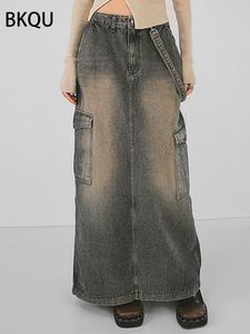 Skirts BKQU Vintage Denim Long Skirts Women American High Waist Straight Back Split Maxi Skirts Harajuku Big Pockets Cargo Skirts 230703