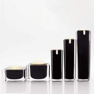 30/50/100ml Square Black Acrylic Lotion Pump Cosmetic Bottles Luxury Skin Care 15/30/50g Cream Jar Makeup Avoid Light Container Pot F02 Dxun