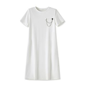 2023 Summer White Solid Color Dress Short Sleeve Round Neck Knee-Length Casual Dresses W3L048204