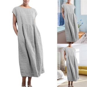 Casual Dresses Women's Solid Sleeveless O Neck Maxi Pockets Loose Baggy Kaftan Long Dress Summer In Women