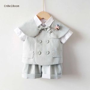 Abiti 2023 New Boy Girls Outfit Bambini Gilet di lino per bambini Ragazzi Gentleman Abbigliamento Set Toddler 1 2 3 4 Abiti di compleanno Primavera EstateHKD230704