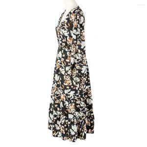 Casual Dresses Tight Waist Dress Skin-affinity Women V Neck Spring Autumn Floral Print Long Up