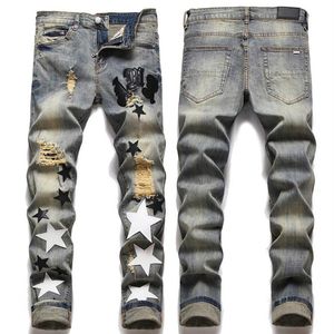 Taglia 38 Jeans strappati vintage da uomo Patch Skinny Fit Appliqued Paint Splattered Art Distressed Jeans2628