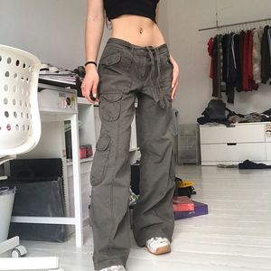 Dambyxor i två delar Y2K-fickor Cargobyxor för kvinnor Raka byxor i oversize Harajuku Vintage Estetiska byxor med låg midja Vida ben Baggy jeans 3XL 230703