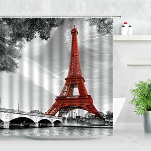 Number Vintage Paris Tower Shower Curtain Romantic Lovers London Big Ben Red Telephone Booth Bathroom Curtains Oil Painting Art Decor