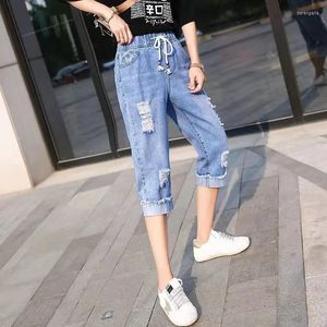 Damenhosen 2023 Denim-Abgeschnittene Hose Frauen Lose Elastische Haremsmädchen Lässige Allgleiches Hohe Taille Sommerreithose Trend