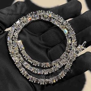 Real Sterling Sier 5mm Moissanite Tennis Chain F Color VVS Baguette/Emerald Diamond Necklace