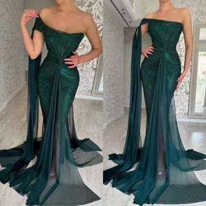 Elegant Dark Green Evening Gown With Cape Off Shoulder Split Sequins Net Party Prom Dresses Sweep Train Formal Long Dress for red carpet special occasion