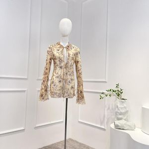 Kadınlar bluzlar ipek 2023 Yüksek kaliteli bahar yaz vintage çiçek baskı uzun parlama kılıfı bağcısı dantelli kadın gündelik bluz