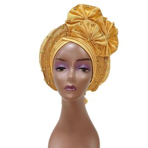 Kapaklar Yeşil Afrika Hijab Kapakları Boncuklar Zaten Yapılmış Otomatik Aso Oke Gele Headtie Müslüman Türban Head Wrap bayanlar Şapka Partisi İçin Otomatik Kapak