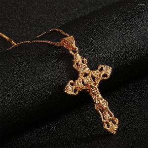 Pendant Necklaces Trendy 24K Gold Color Catholic Cross Jesus Christ Necklace Jewelry