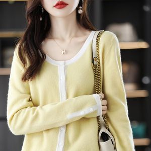 Cardigans New Autumn/Winter 100% Pure Wool Knitted Cardigan Jacket Ladies Round Neck Color Matching Sweater Loose Knit Sweater Jacket