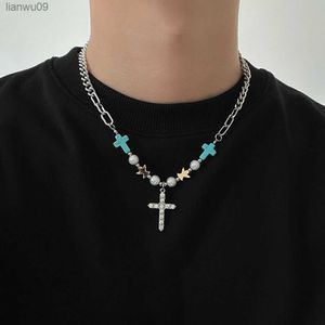 Korean Fashion Natural Stone Cross Pendant Male Necklace Hip Hop Street Pearl Necklace Men Stainless Steel Jewelry Chains L230704