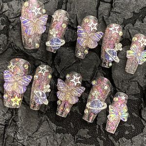 Sztuczne paznokcie Handmade fioletowy brokat motyl sztuczne paznokcie z klejem Bling Press na Y2K wielokrotnego użytku trumny porady prezent 230704