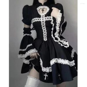 Vestidos casuais Maid Kawaii Dress Women Trajes Hollow Out Aesthetic Cosplay Lace Guarnição Y2k Roupas Anime Woman.