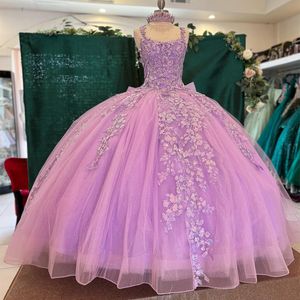 Lavendel glänzende Quinceanera-Kleider mit Applikation, Spitze, große Schmetterlinge, Ballkleid, Geburtstagsparty-Kleid, süßes 16-Kleid, Schnür-Tüll, Vestido de 15