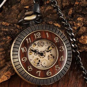 Armbandsur unika trä cirkel Gear Dial Bronze Antique Mechanical Pocket Men Vintage Graved FOB Hand Wind Steampunk Women 0703