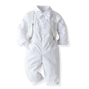 Suits Kid Boy Formal Clothing Suit White Bow Shirt Long Sleeve Baptism Dress Solid Suspenders Pants Party Wedding Handsome Toddler SetHKD230704