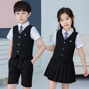 Suits Summer Boys And Girls Stage Chorus Performance Clothing Set Children Vest Shorts/skirt Tie Outfit Kids School Uniform Suit SetHKD230704