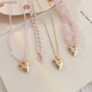 Minar Sweet Multiple Enamel Tulip Flower Heart Pendant Necklaces for Women Faux Pearl Pink Irregular Crystal Choker Necklace L230704