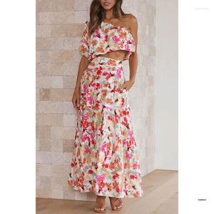 Casual Dresses Womens 2 Piece Outfits Floral One Shoulder Crop Top And Midi Skirt Set Party Dress Two Sets Outifits