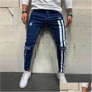 Herren Jeans Herren Trendy Männer Skinny Biker Destroyed Frayed Fit Denim Ripped Side Stripe Bleistift Hip Hop Streetwear Drop Delivery Appar Dh62Y