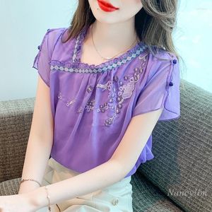 Женские блузки элегантная шифоновая вышивка цветочной вышивки Пурпурная блузка Летняя рубашка 2023 Дизайн смысл с короткими рукавами