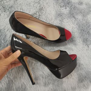 Wieczorowe torby pompki seksowne platforma Peep TOE 14 cm Niezwykle cienkie wysokie obcasy sztylet patent skórzany przyjęcie mody Nighclub Wedding Buty 230703