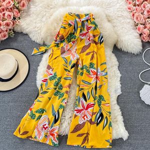 Women's Pants Boho Beach Wide Leg Women Retro High Waisted Printed Bow Lace-up Female Ladies Casual Summer Carpris Drop