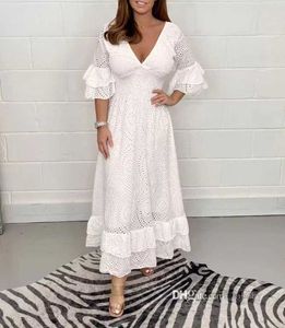2023 Summer Fashion Maxi Dress Loose High Waist Embroidered Solid Color Deep V-neck Short Sleeve Party Prom Dresses For Ladies Plus Size 3xl 4xl 5xl Clothing