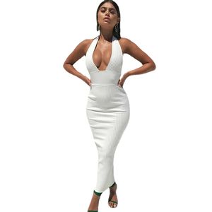 Fantoye Kadınlar Halter V-Gutk Kokteyl Partisi Elbiseler Sonbahar Yaz Örme Seksi İnce Bodycon Bandage Uzun Maxi Elbise Vestidos