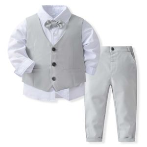 Suits Children Boutique Clothing Set 1 2 3 4 5 Years Boys Birthday Outfits Grey Gentleman Wearing Long Sleeve Vest Suits Kid CostumeHKD230704