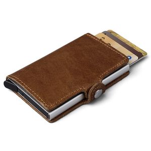 HUMERPAUL Hot Genuine Leather Credit Pop-up Card Holder Wallet Men Metal RFID Blocking Aluminium Bussiness Bank Cardholder Case