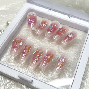 False Nails Handmade Flower Short Camellia Press On French Style Fake Nail With Glue Coffin Ballet Reusable Acrylic Tips 230704