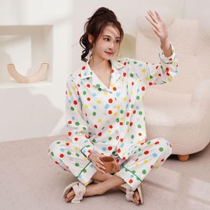 女性のパジャマ夏 2023 パターン特大ルースアイスシルクパジャマセットレディース素敵な甘いカラードットホーム服 WPS090