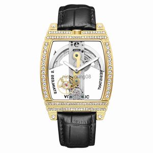 Wristwatches Luxury Tonneau Mechanical for Man Automatic Self-Wind Bling Full Diamond Case Skeleton Transparent Dial Gift for Man 0703